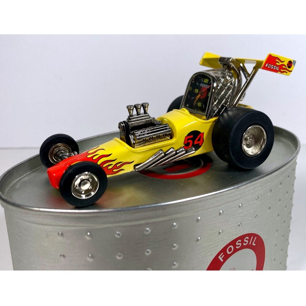 Fossil Dragster Clock Yellow Flame Race Car ML9223700‎ Vintage 2004 with Tin
